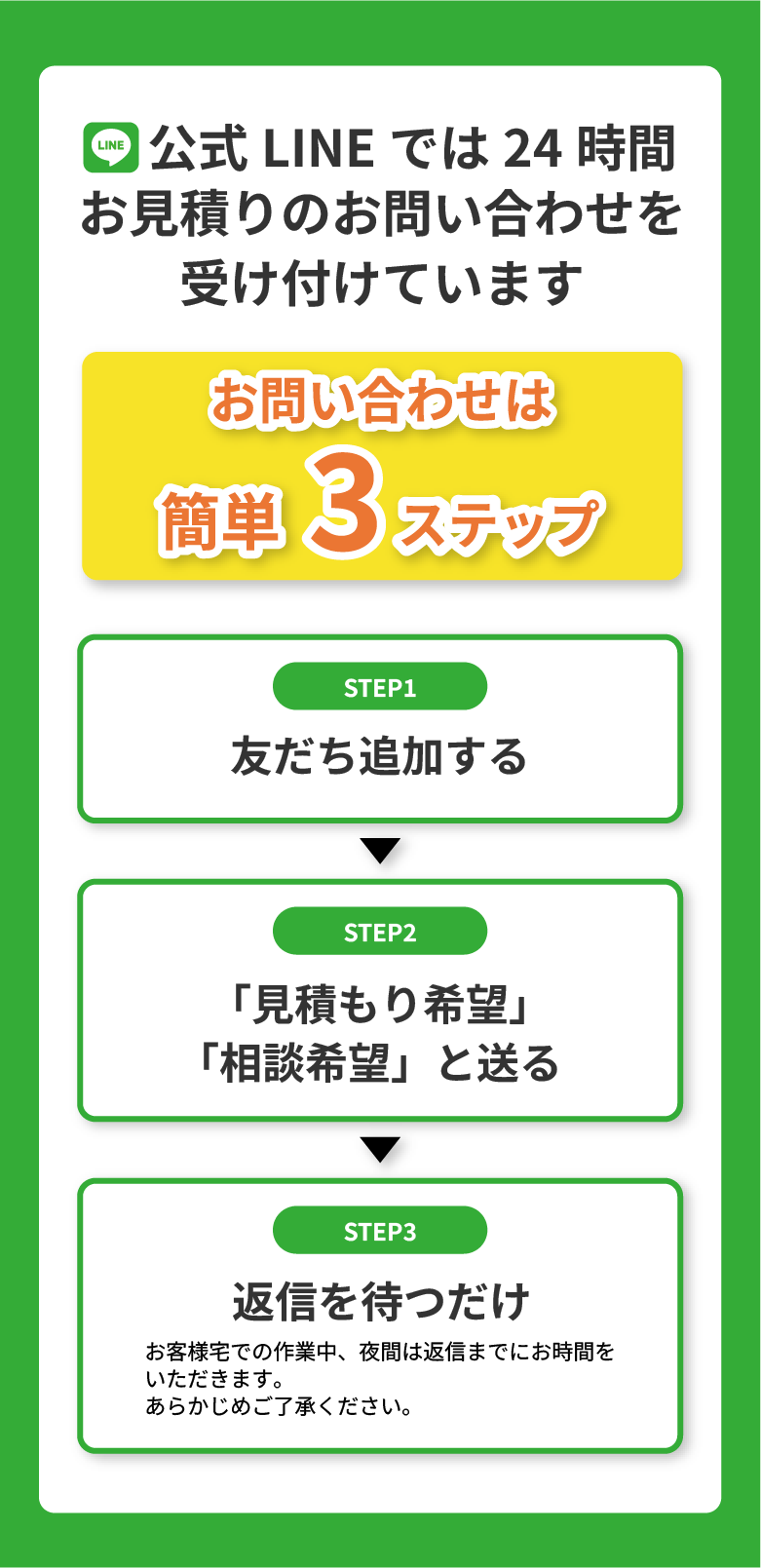 公式LINEでは24時間、お見積りのお問い合わせを受け付けています お問い合わせは簡単3ステップ ステップ1:友だち追加する ステップ2:「見積もり希望」「相談希望」と送る ステップ3:返信を待つだけ(お客様宅での作業中、夜間は返信までにお時間をいただきます。あらかじめご了承ください。)